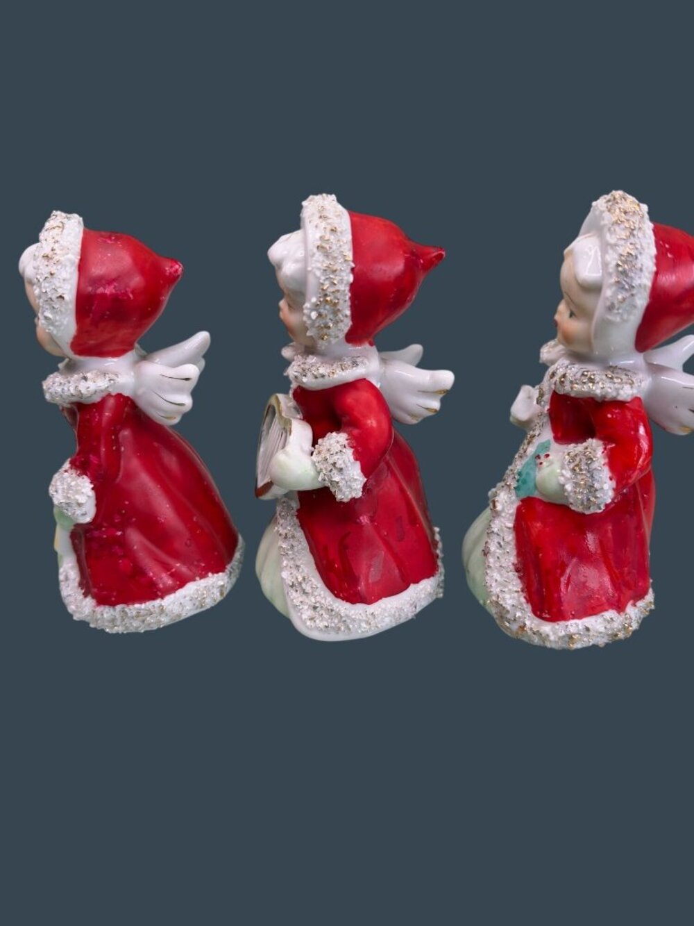 Vintage 1950s Ucagco Japan Christmas Angel Girls Set of 3 Spaghetti Trim 4.75" - Picture 3 of 14